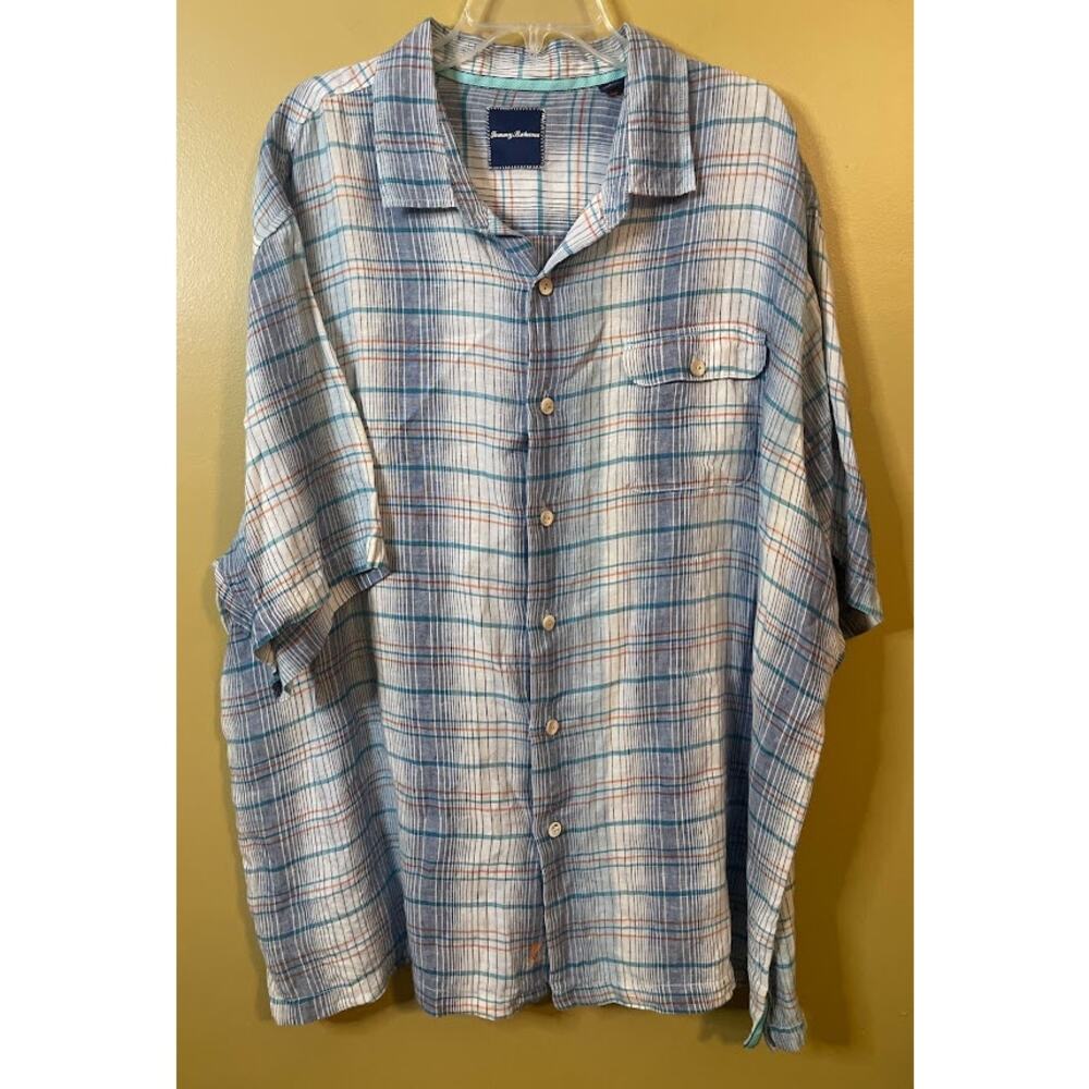 Tommy Bahama Men's Blue Plaid 100% Linen‎ Button-up Shirt Size 2XB